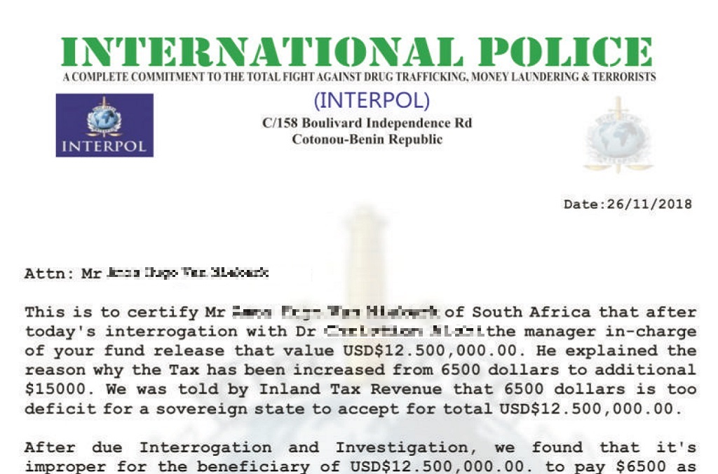 Exemple de courrier dans lequel le nom d’INTERPOL est utilisé à des fins frauduleuses.